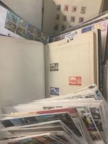 Plastic box with all World stamps in albums and quantity of Great Britain First Day Covers in