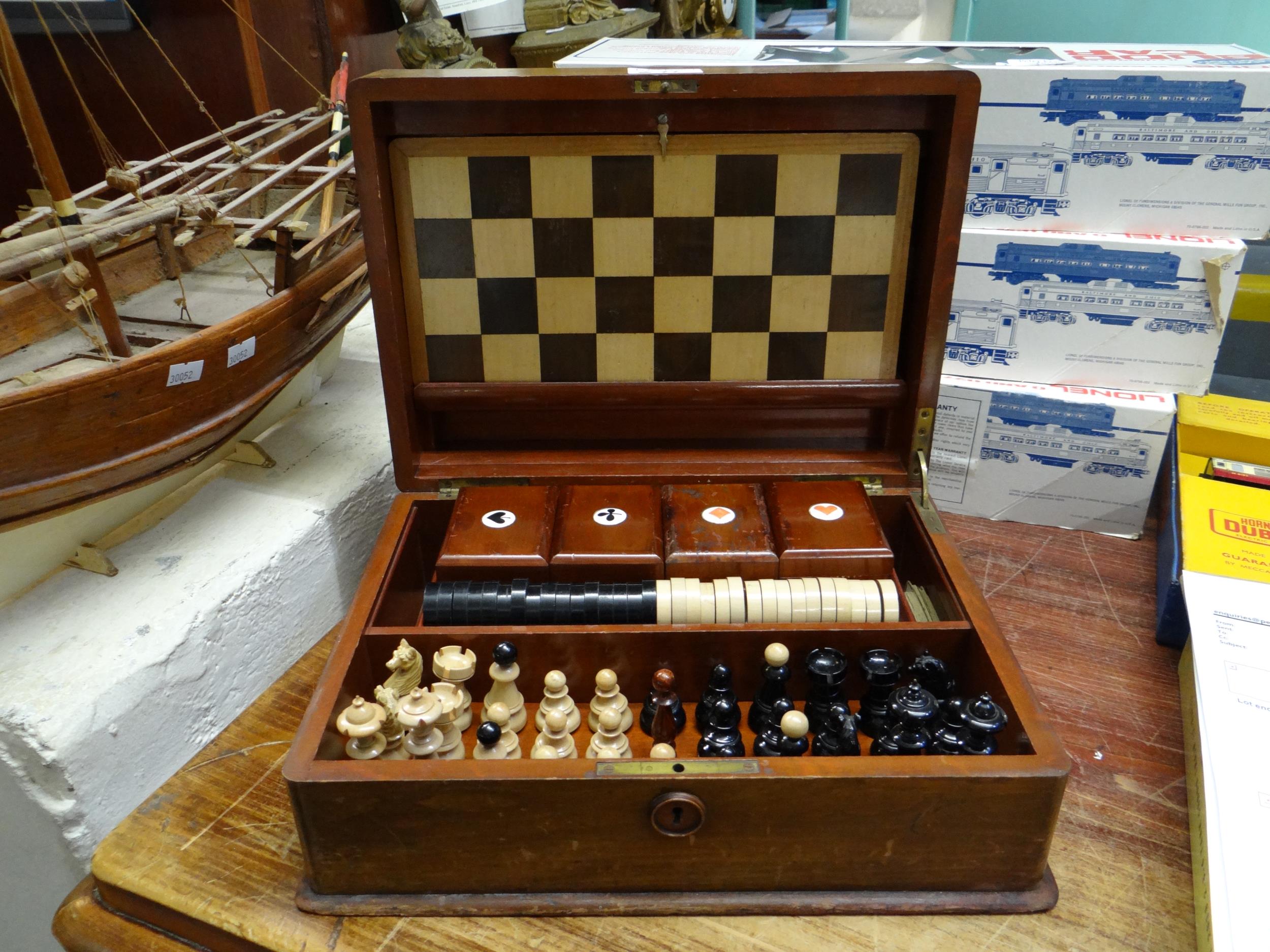 Early 20th century mahogany games compendium, the box containing various chess pieces, card boxes - Image 9 of 11