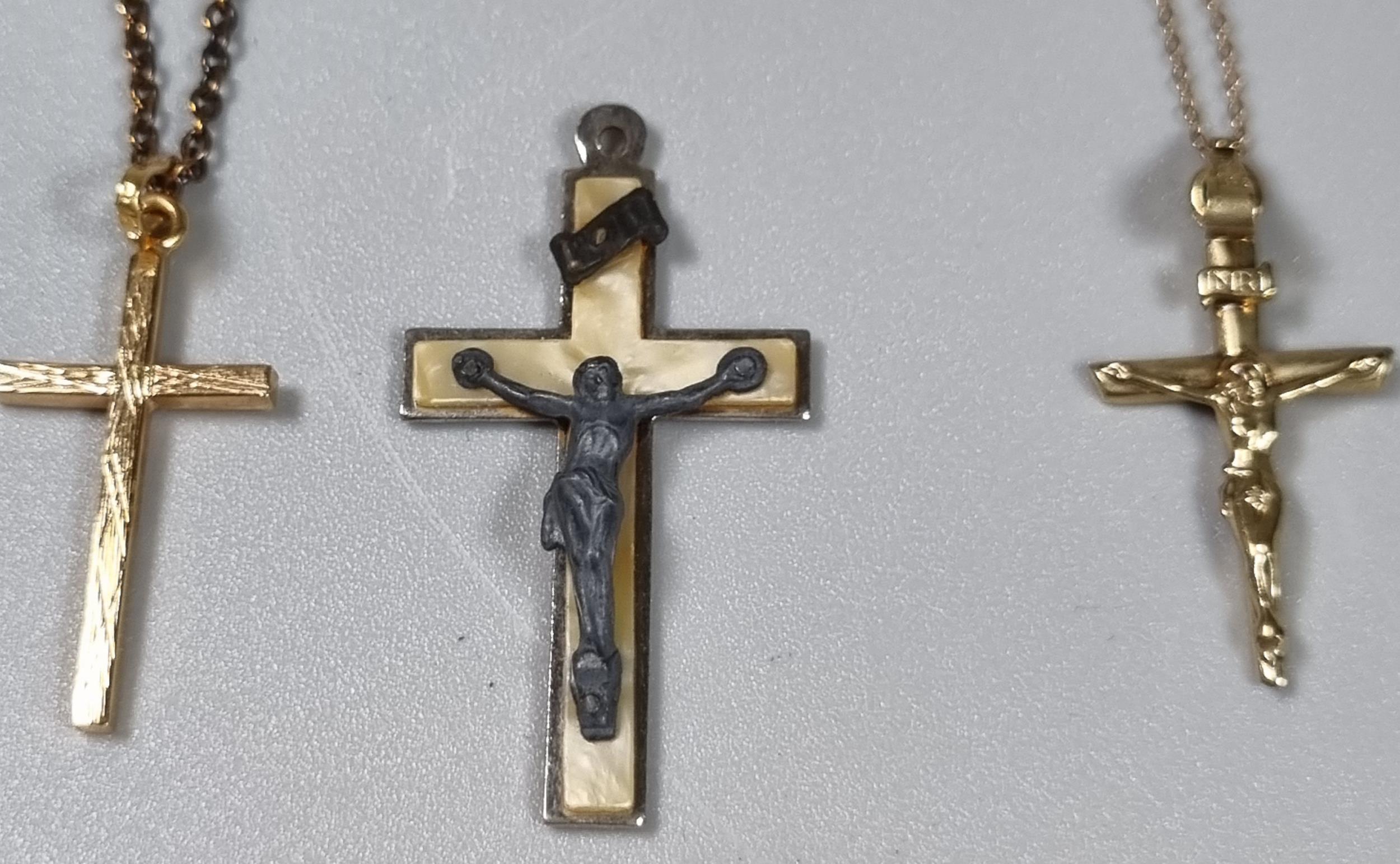Two 9ct gold chains with crucifix pendants together with another crucifix pendant. 6.4g approx. (B. - Image 2 of 2