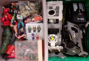 Two crates of toys to include: cars, tractors, tinplate transporter, figures, farm animals,
