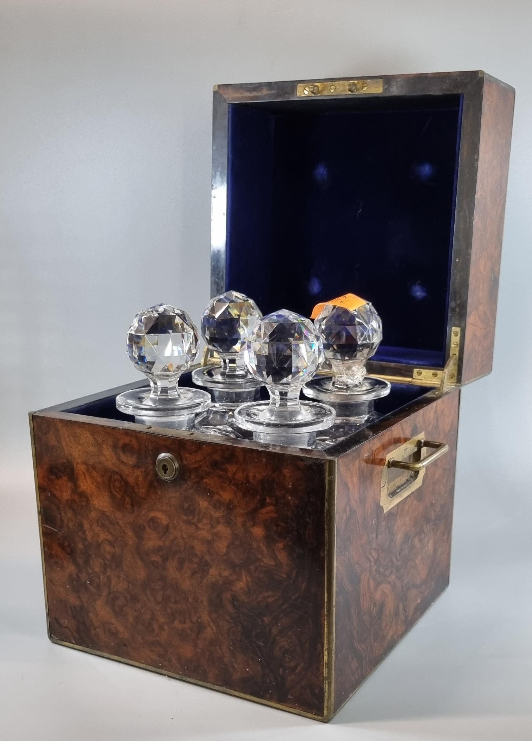 19th century Burr Maple decanter box, of square form with brass inlay and brass recessed handles,