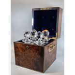 19th century Burr Maple decanter box, of square form with brass inlay and brass recessed handles,