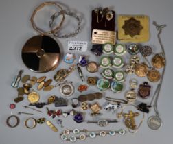 Plastic tub of various jewellery to include: powder compact, rolled gold bracelet, brass wedding