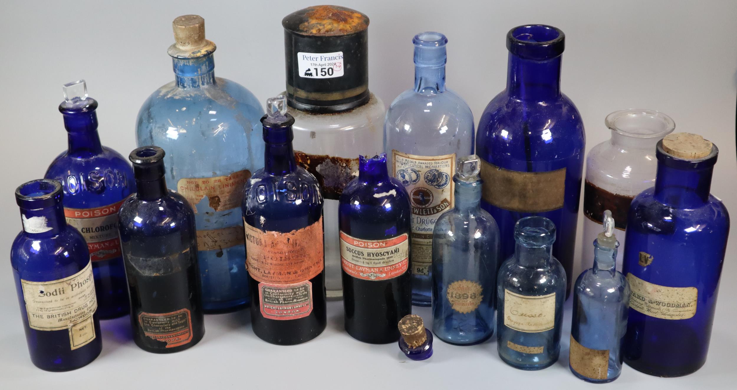 Collection of 19th century apothecary/chemist jars, some with stoppers to include: cobalt blue