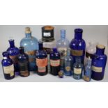 Collection of 19th century apothecary/chemist jars, some with stoppers to include: cobalt blue