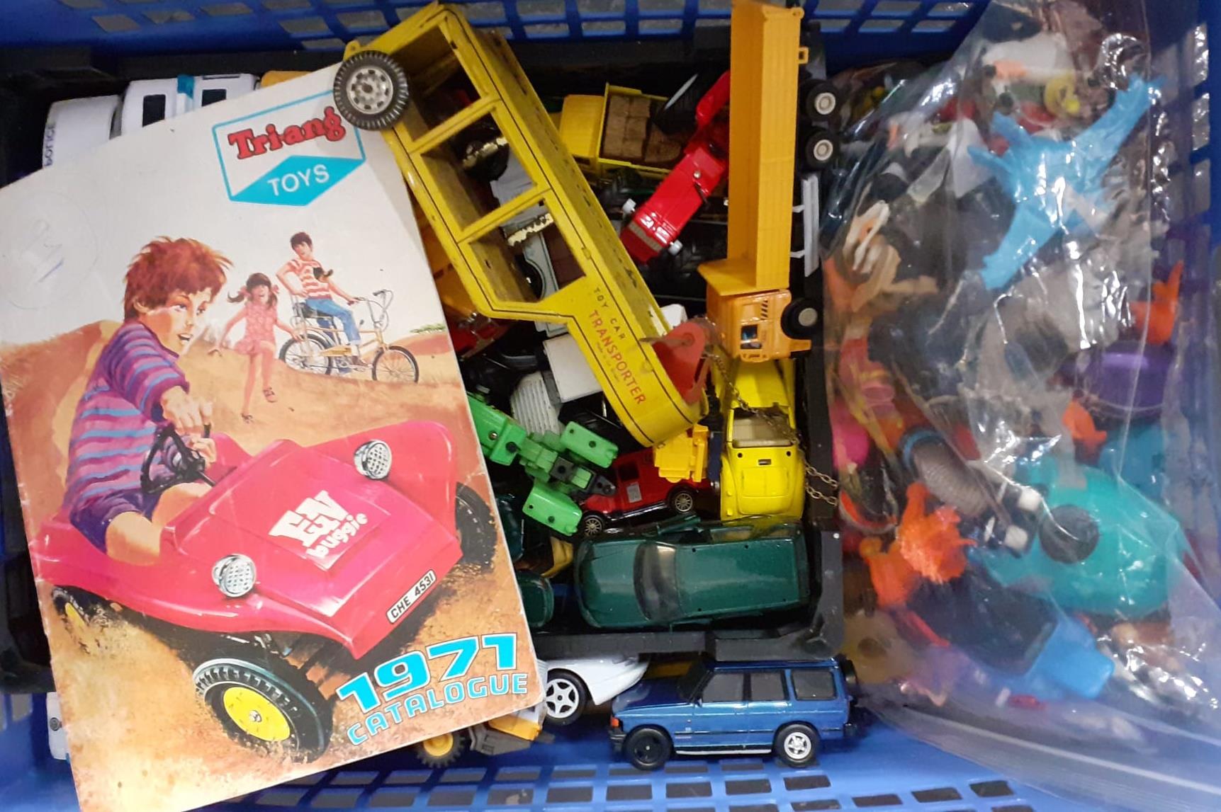 Two crates of toys to include: cars, tractors, tinplate transporter, figures, farm animals, - Image 2 of 2