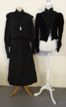 Small collection of ladies Victorian clothing to include: black velvet bodice with striped woollen