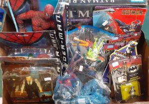 Box of assorted Super Hero toys to include: Superman, Batman Returns board game, figurines,