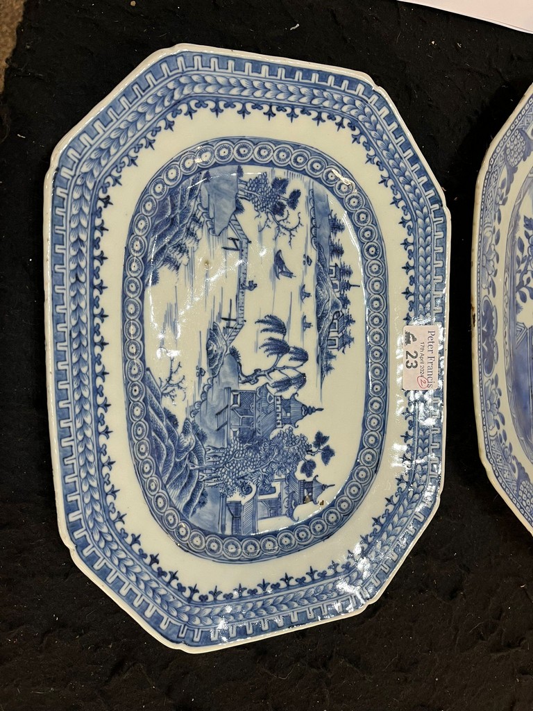 Two similar 18th century Chinese export porcelain blue and white meat platters, both depicting - Image 5 of 5