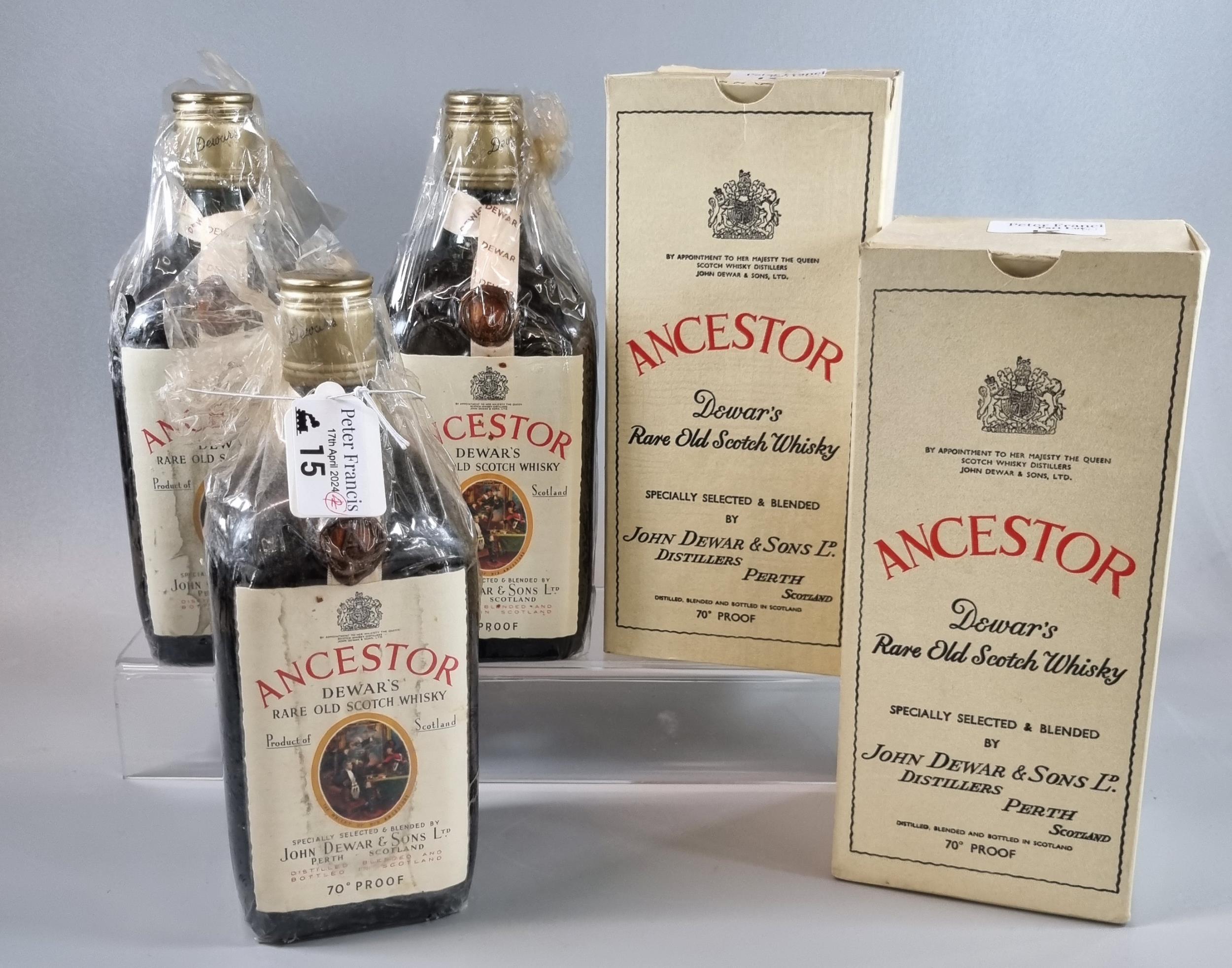 Three bottles of Ancestor Dewar's Rare Old Scotch Whisky. 70% proof, with two original card