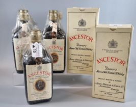 Three bottles of Ancestor Dewar's Rare Old Scotch Whisky. 70% proof, with two original card