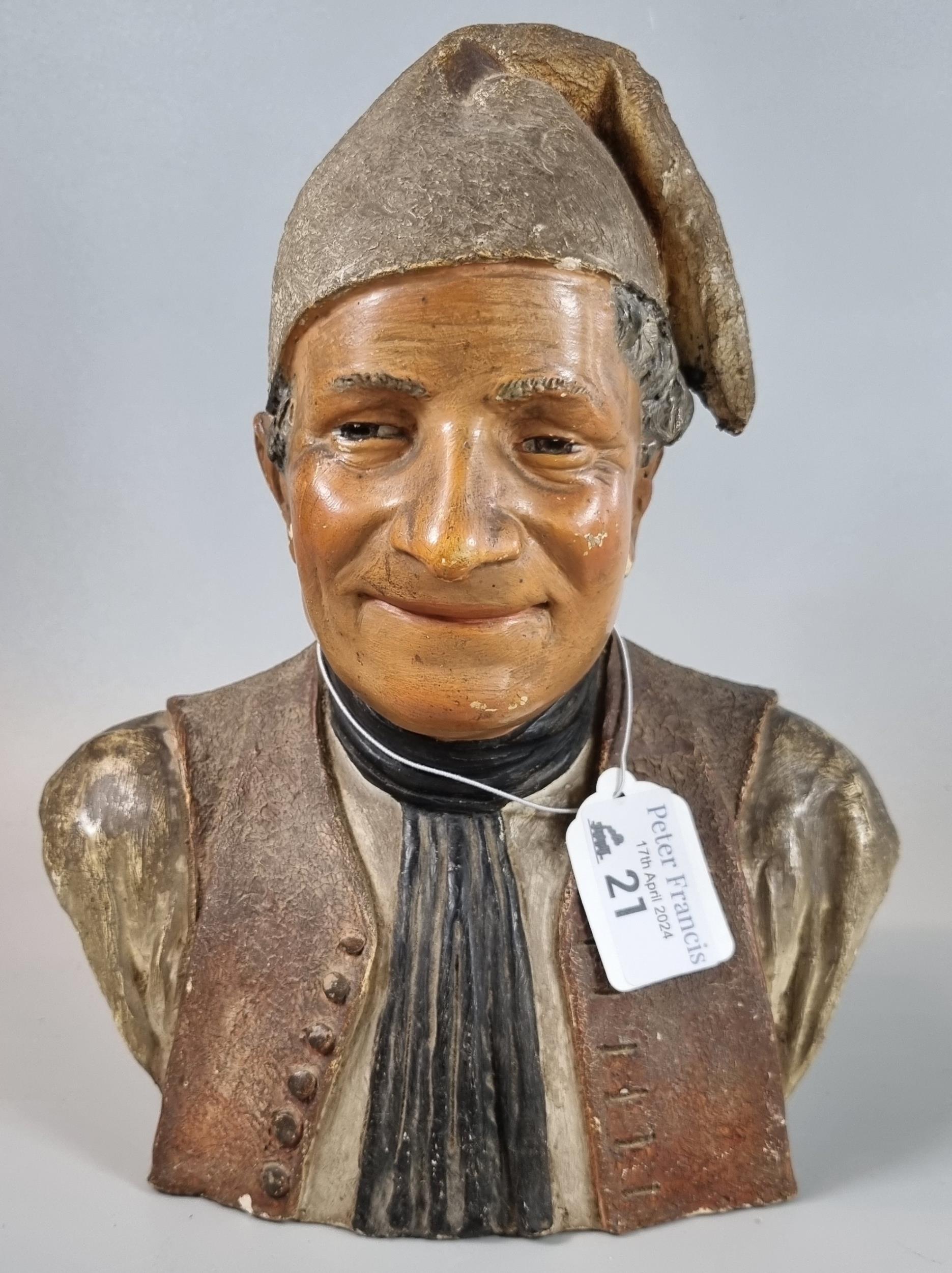 Vintage pottery continental bust of an old man in his night cap, marked to the back 'Wien'. (Vienna)