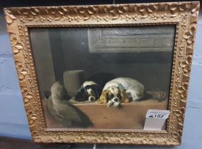 British School (19th century), two Cavalier King Charles Spaniels with a Cavalier's hat, unsigned.