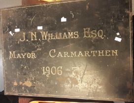 Early 20th century tin box for J.N. Williams Esq Mayor Carmarthen 1906-7, the interior revealing