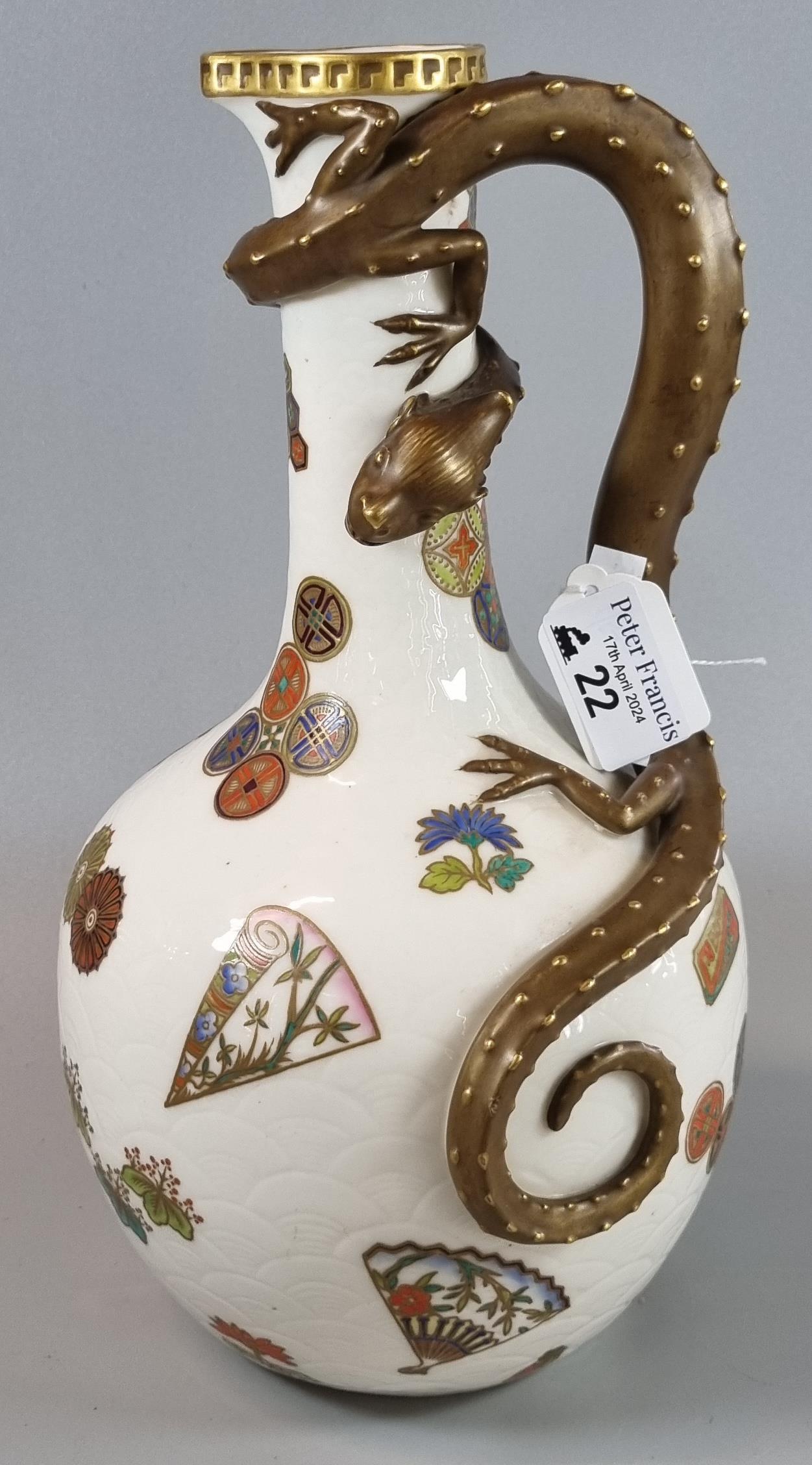 Late 19th century Royal Worcester porcelain dragon Japonesque ewer. 29cm high approx. Puce printed