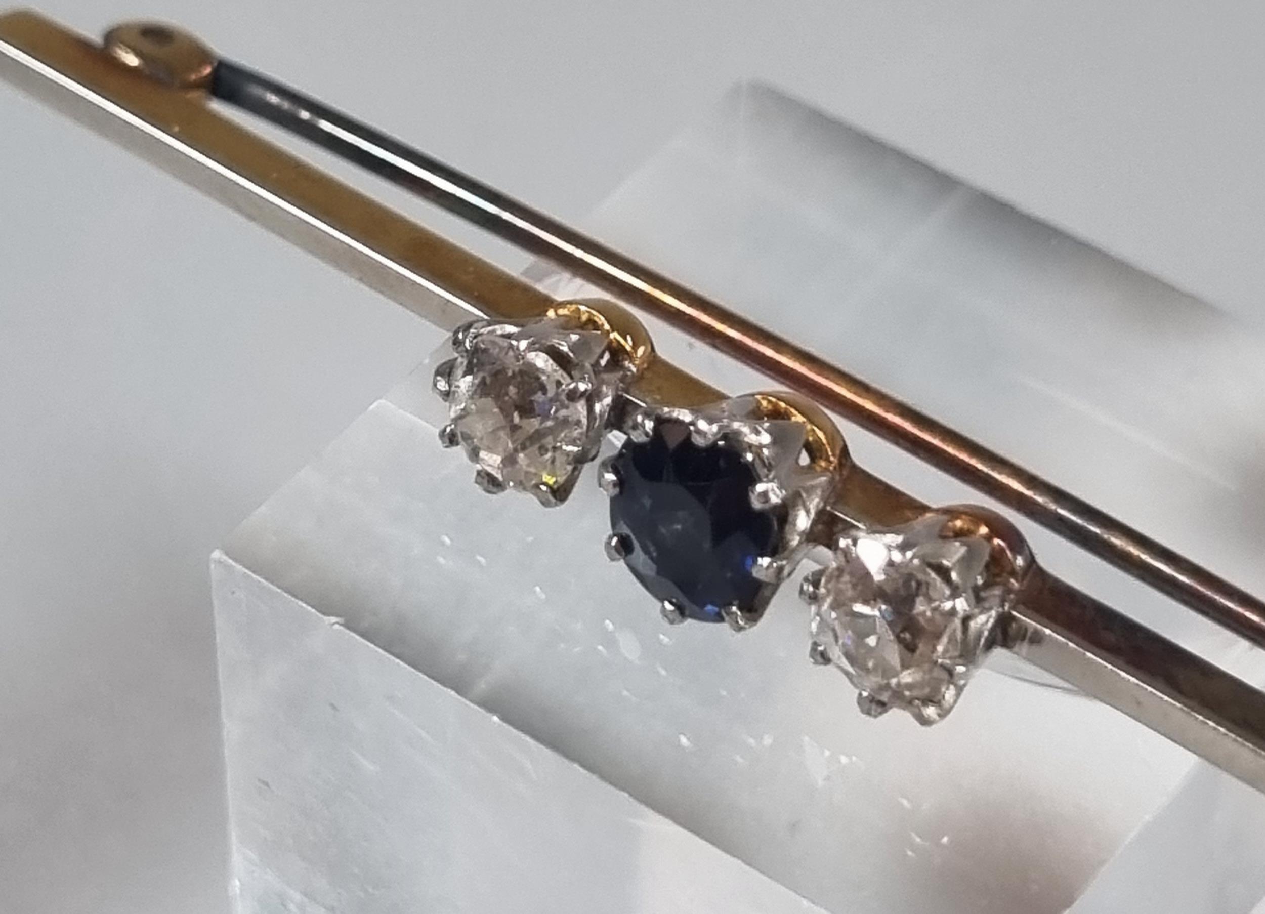 Gold three stone diamond and sapphire brooch in associate Harrods box. (B.P. 21% + VAT) - Image 3 of 4