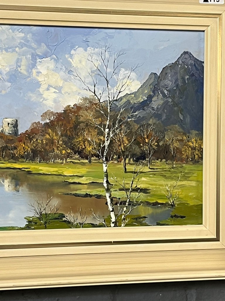 Charles Wyatt Warren (Welsh 1908 - 1993), Snowdonia lake landscape with distinctive castle tower, - Image 4 of 6