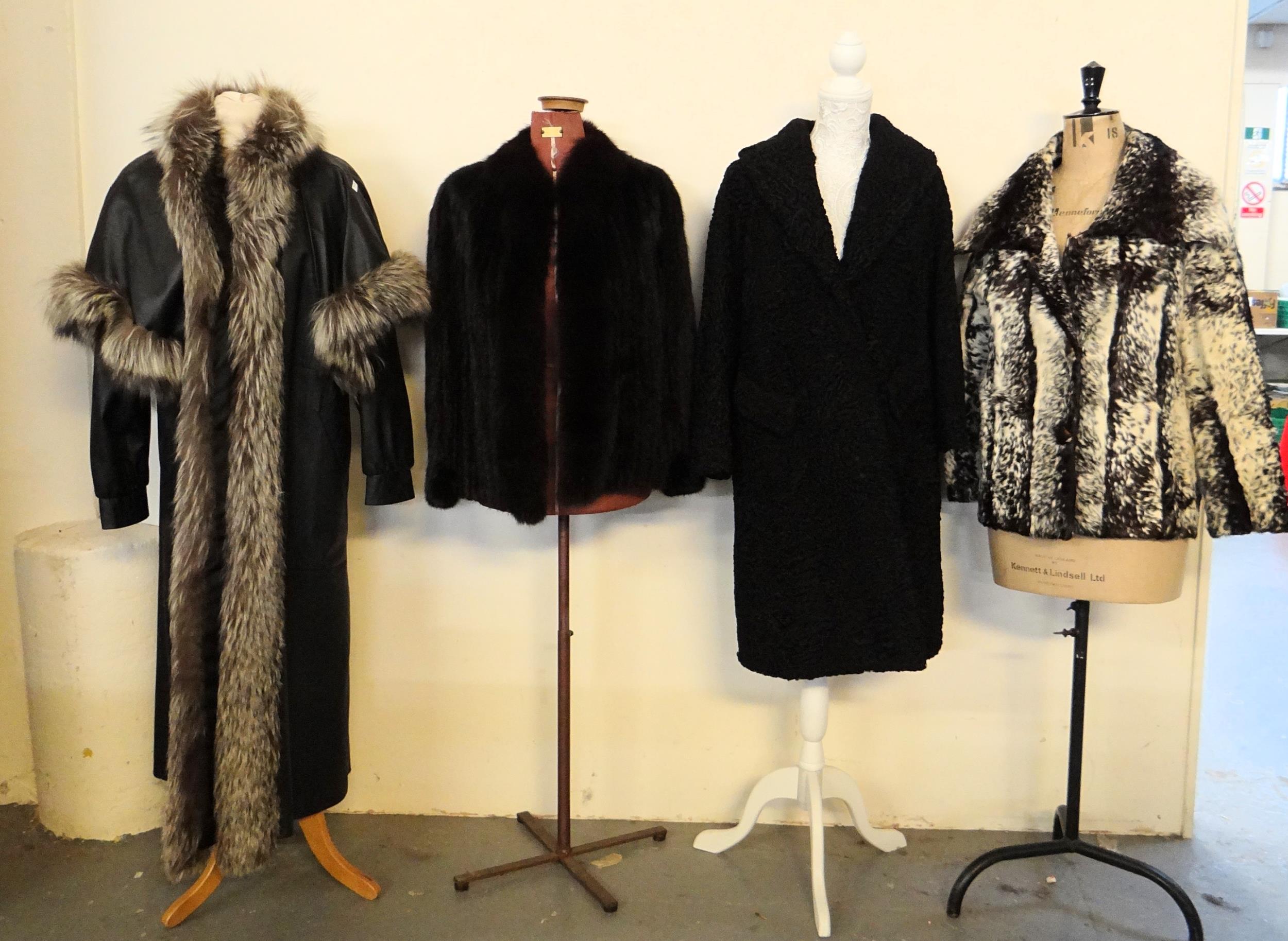 Four vintage ladies fur jackets and coats to include: a black ranch mink fur jacket with fox fur