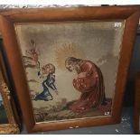 19th century Berlin wool work tapestry panel, religious scene. Bird's eye veneered glazed frame with