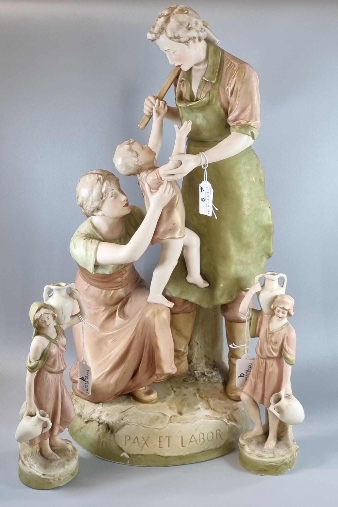 Large Royal Dux figure group titled 'PAX ET LABOR', the figures modelled as a mother passing her