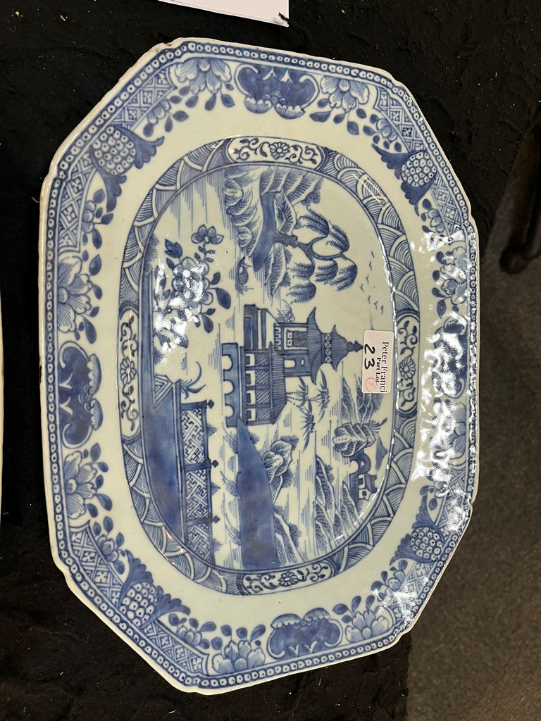 Two similar 18th century Chinese export porcelain blue and white meat platters, both depicting - Image 2 of 5