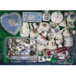 Tray of Crested Ware, Wedgwood Jasper Ware heart shaped dish and box and cover, thimbles, spoons