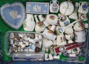 Tray of Crested Ware, Wedgwood Jasper Ware heart shaped dish and box and cover, thimbles, spoons