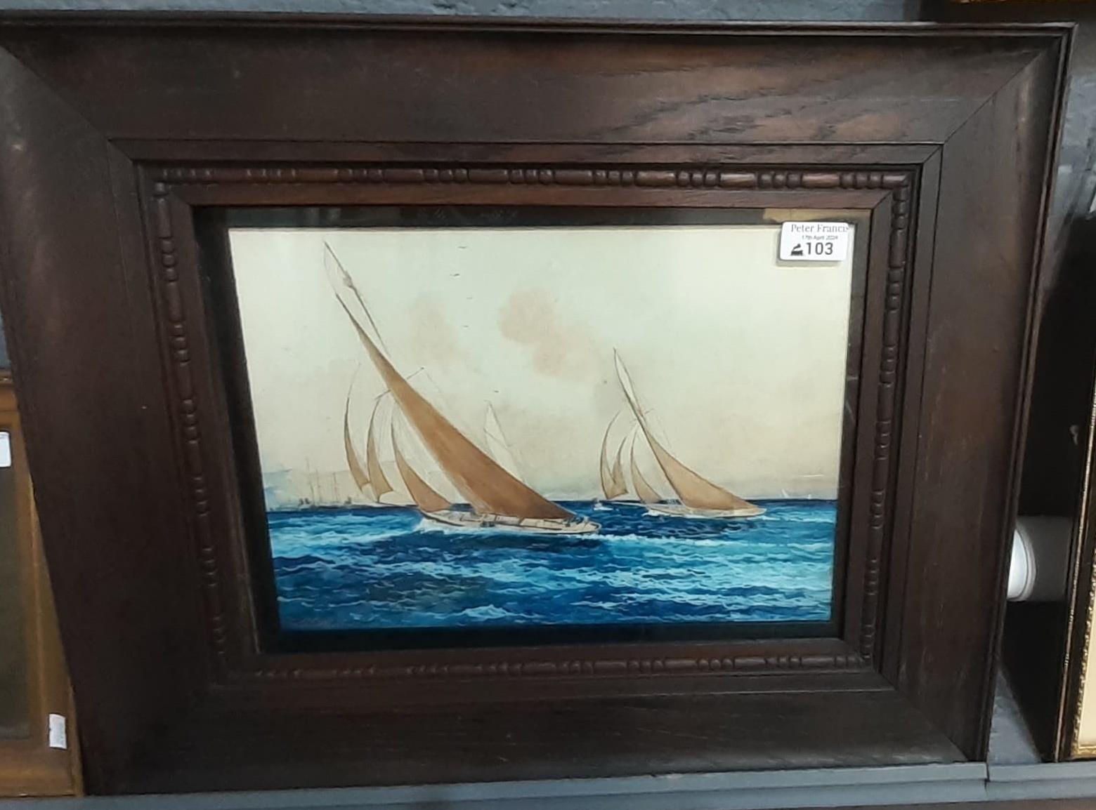 F. Fissi ?, sailing boats at sea with distant vessels. 26x36cm approx. In oak frame, glazed. (B.P.