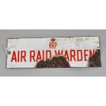 WWII enamel door sign. 'ARP, Air Raid Warden'. Red text on a white ground. 23x7.5cm approx. (B.P.