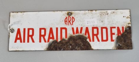 WWII enamel door sign. 'ARP, Air Raid Warden'. Red text on a white ground. 23x7.5cm approx. (B.P.