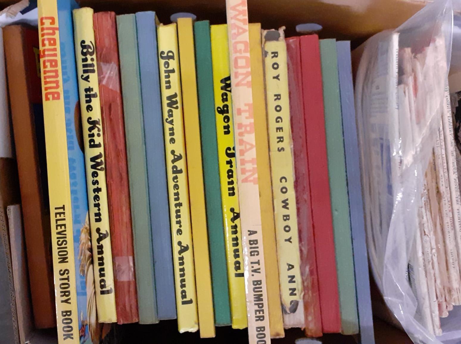 Three boxes of vintage annuals to include: Wagon Train, Superboy, Black Box, Premier Book for