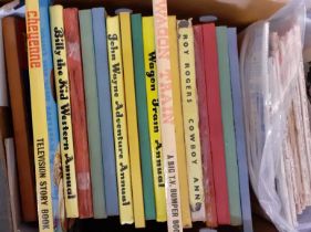 Three boxes of vintage annuals to include: Wagon Train, Superboy, Black Box, Premier Book for