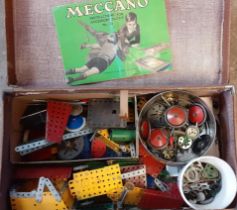 Vintage suitcase comprising vintage Meccano, instructions, motors, wheels, tools etc. together