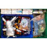 Green crate comprising various video games, Pokemon 25th Celebration silver Pikachu doll, Nintendo