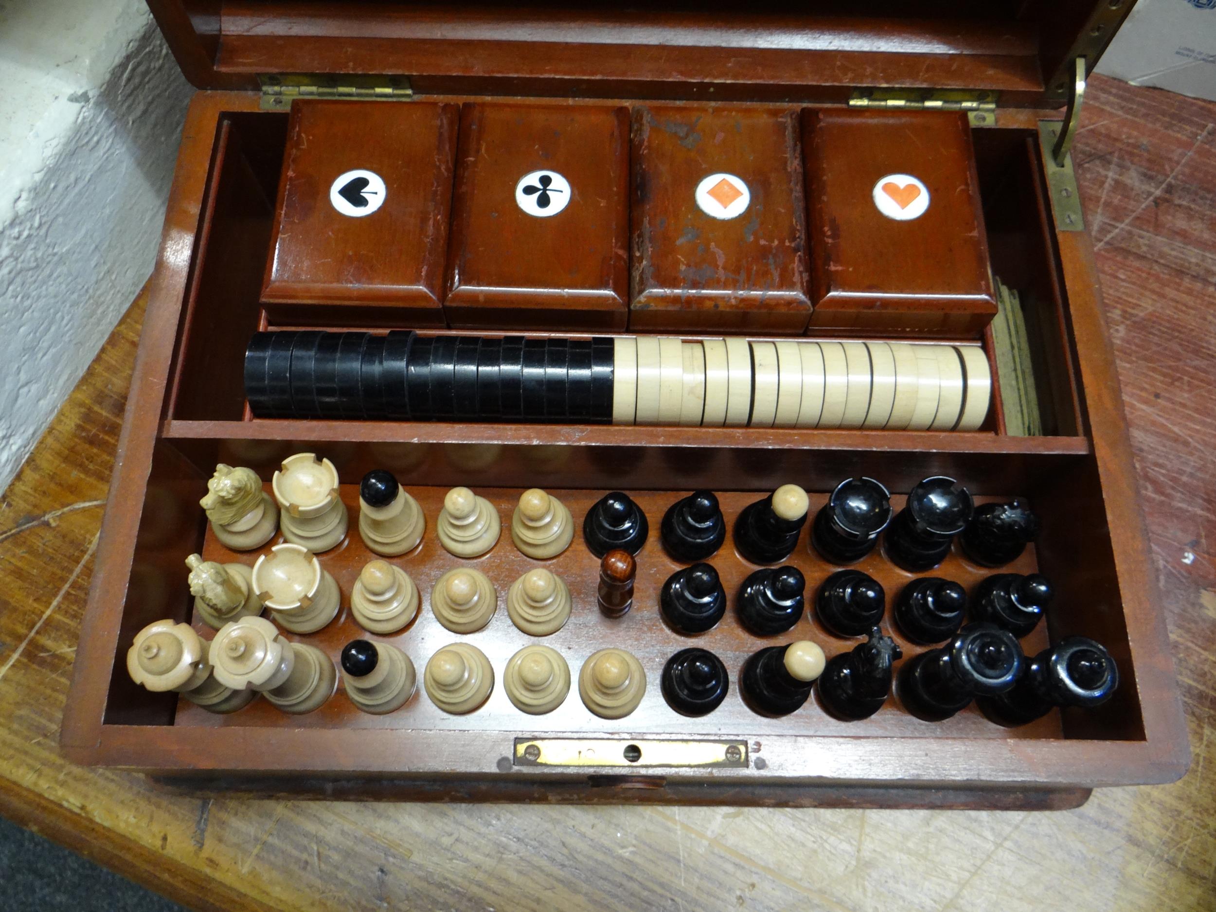 Early 20th century mahogany games compendium, the box containing various chess pieces, card boxes - Image 8 of 11