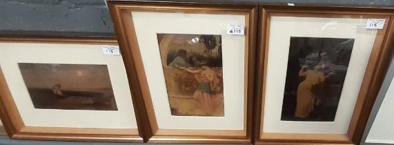 Three Victorian sentimental coloured prints, possibly chrystoleums, in modern frames. 23x14.5, 23x15
