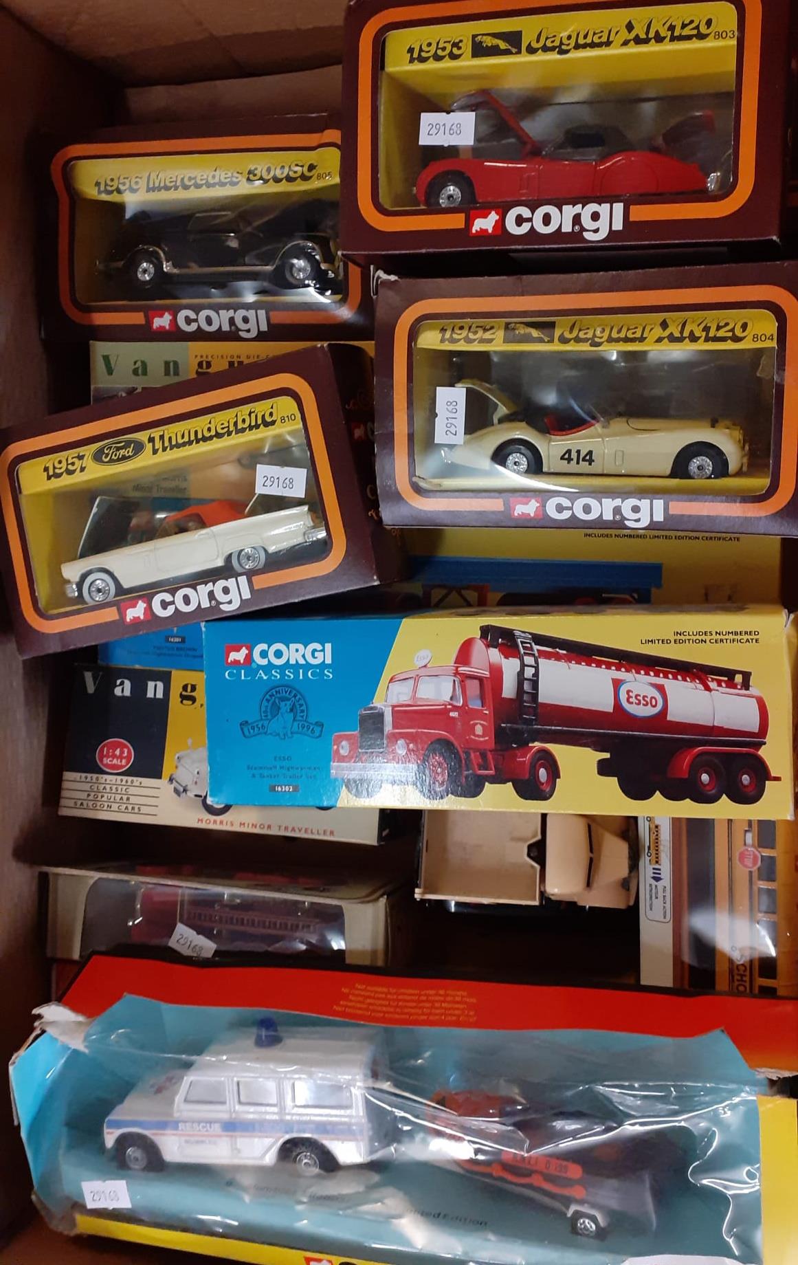 Two boxes of diecast model vehicles, varying scales to include: Corgi Volvo General Purpose