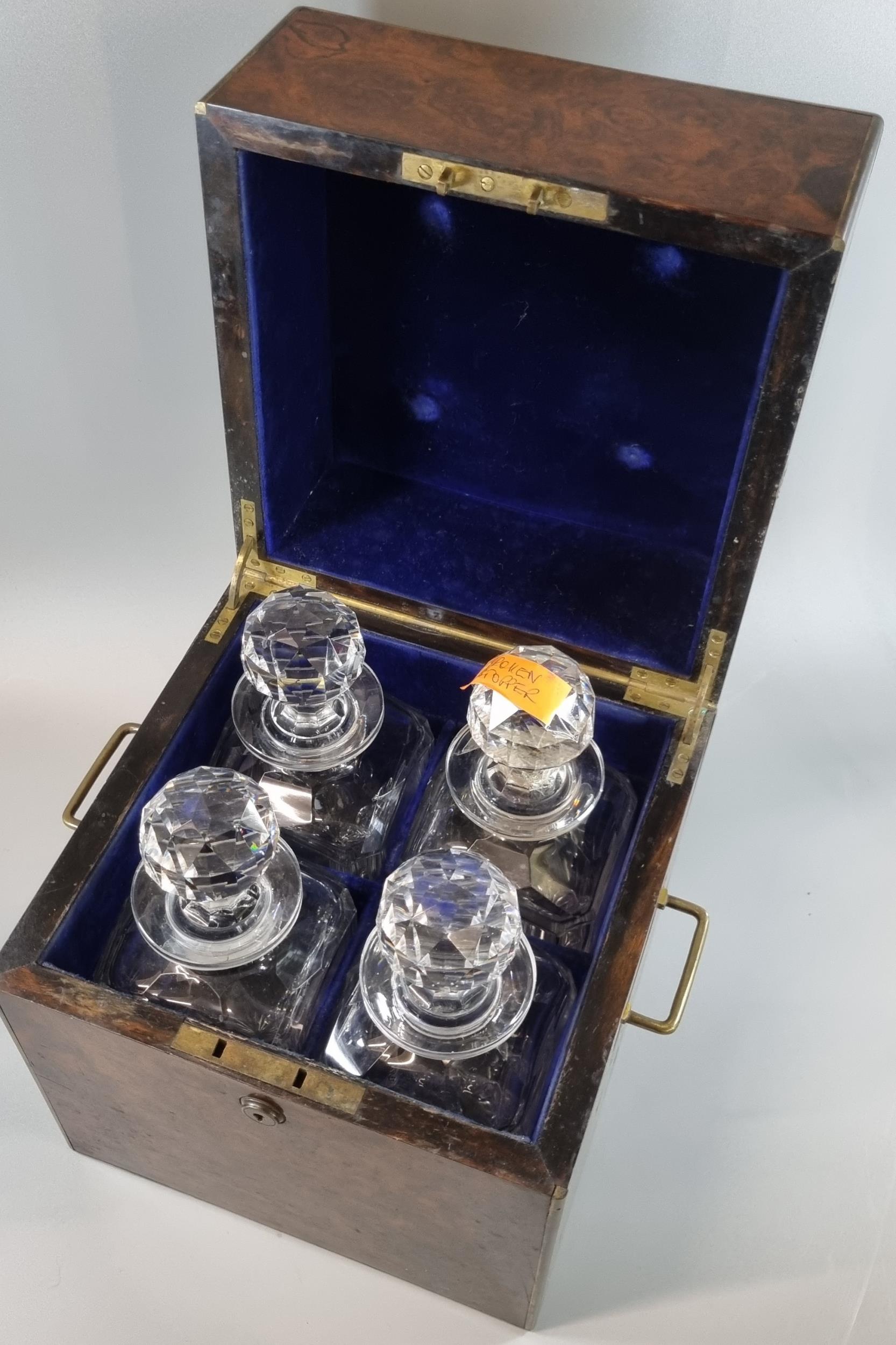 19th century Burr Maple decanter box, of square form with brass inlay and brass recessed handles, - Image 3 of 12