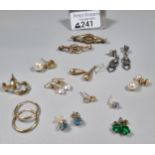 Collection of 9ct gold, rolled gold and other earrings, bar brooch etc. (B.P. 21% + VAT)