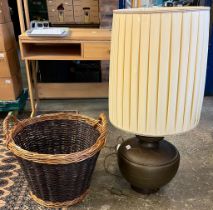 Two handled wicker basket together with a bronzed metal baluster table lamp with shade. (B.P.