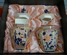 Pair of boxed Mason's Ironstone 'Orange Siam' limited edition covered hexagonal vases in original