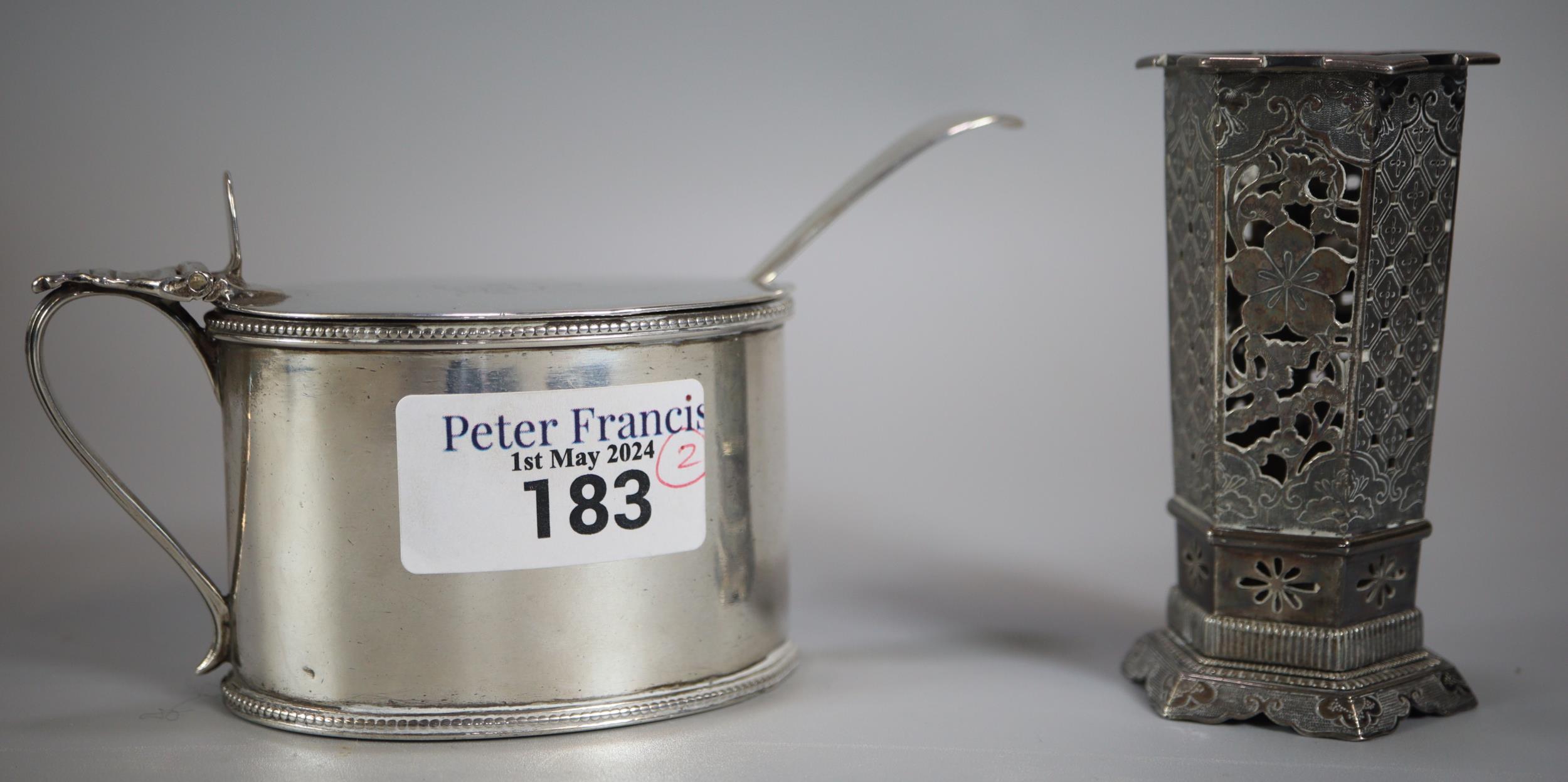 Victorian silver mustard pot with blue glass liner and associate silver spoon. 4.5 troy oz approx.