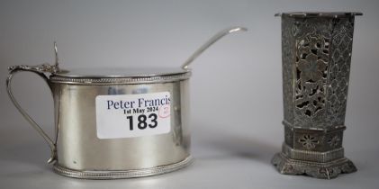 Victorian silver mustard pot with blue glass liner and associate silver spoon. 4.5 troy oz approx.