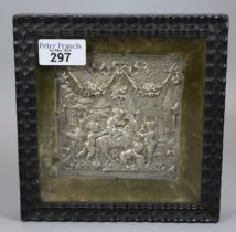 Small silver repoussé panel decorated with cherubs playing on a goat, 18th century glazed double