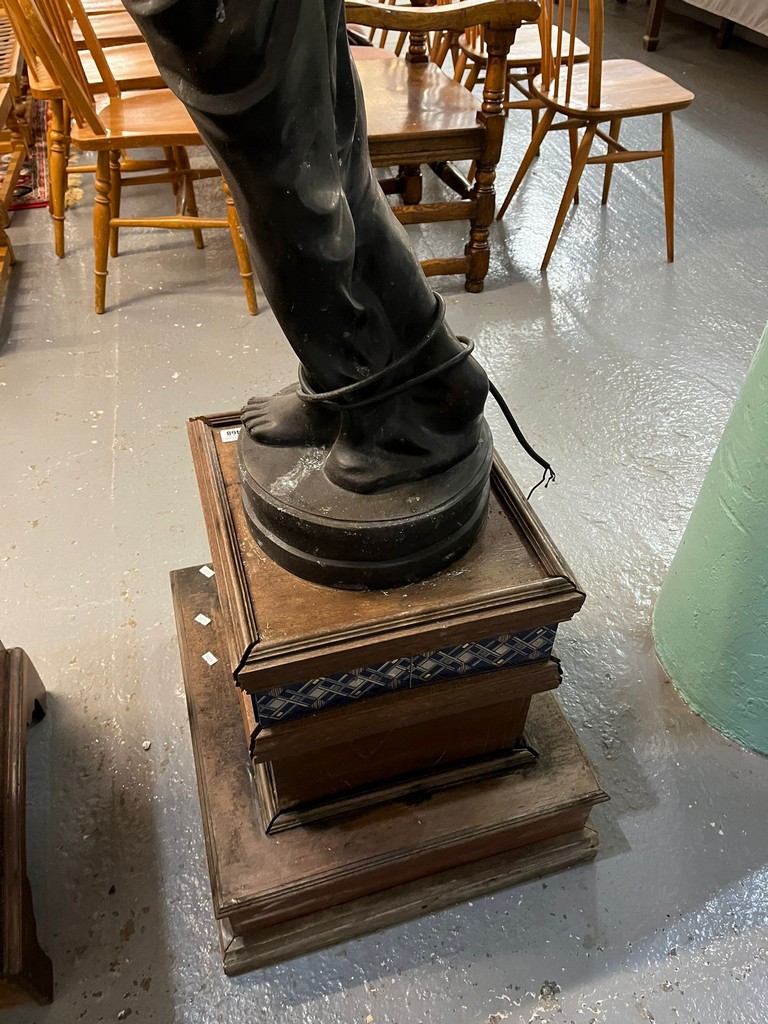 Pair of modern bronze figural classical design table lamps, each holding a flambe glass shade and - Image 8 of 11