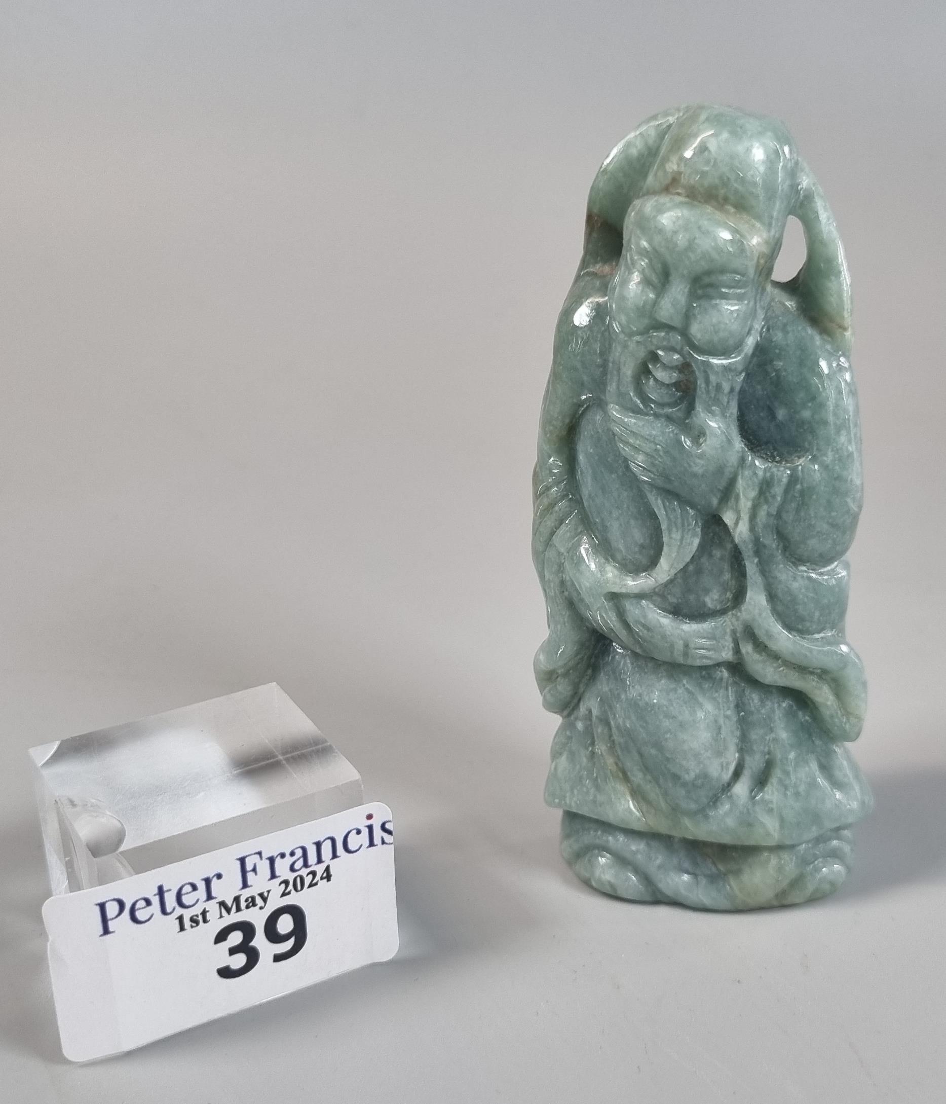 Small Chinese green hardstone carving of an Immortal. 9.5cm high approx. (B.P. 21% + VAT)