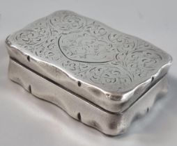 Silver snuff box with hinged foliate engraved cover. Birmingham hallmarks. 1.5 troy oz approx. 5.5cm