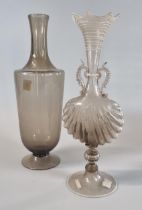 19th century Venetian glass two handled shell shaped vase. 24.5cm high approx. together with a