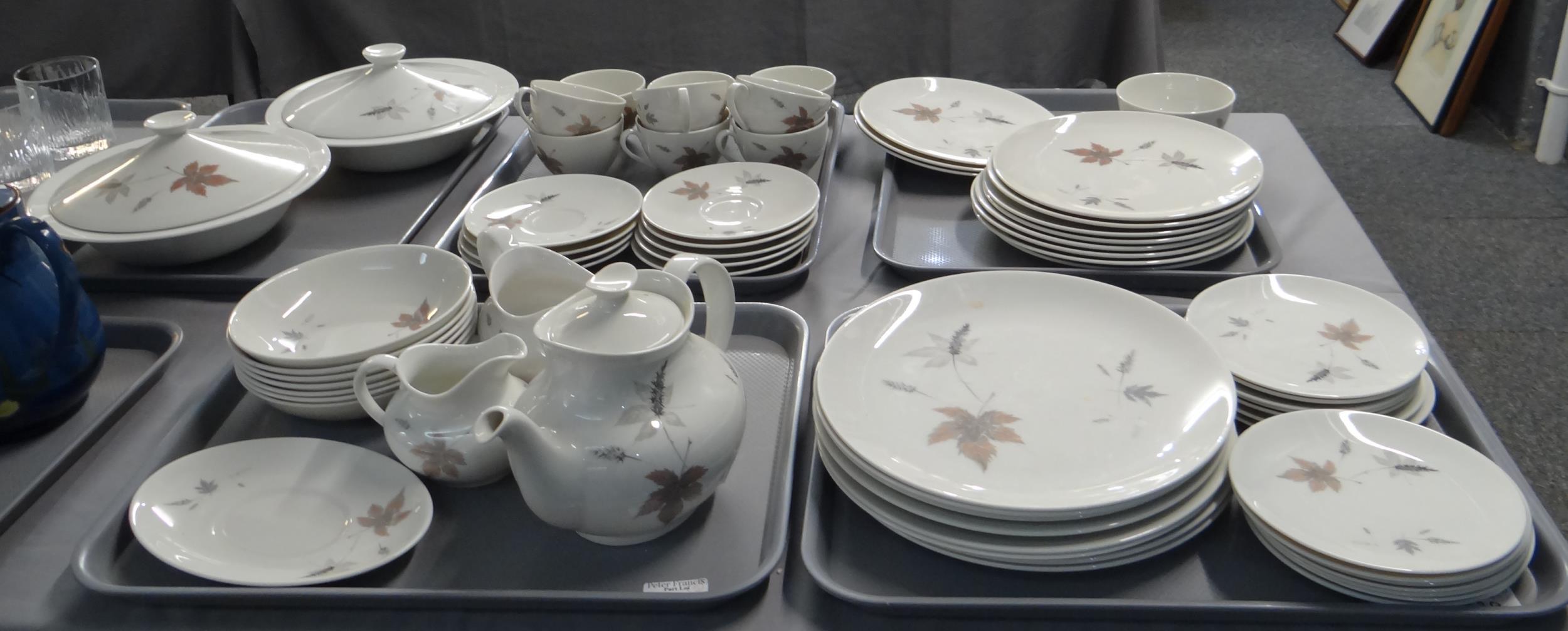 Five trays of Royal Doulton 'Tumbling Leaves' design items to include: lidded tureens, teacups and