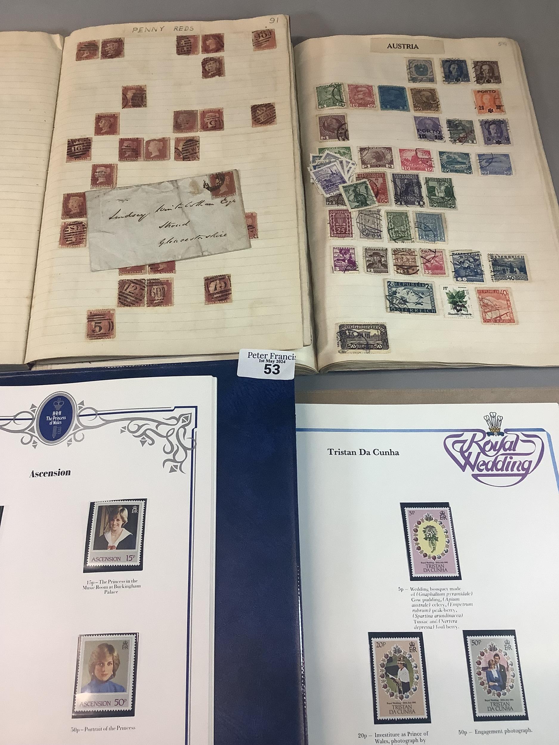 All World Collection of stamps in album and two exercise books and four albums with various mint